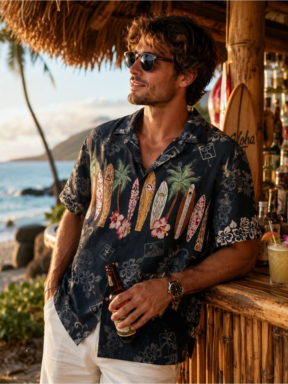 Winnie Fashion Hawaii Surfboard Hawaiian Shirt Mens M Black Aloha Camp Shirt